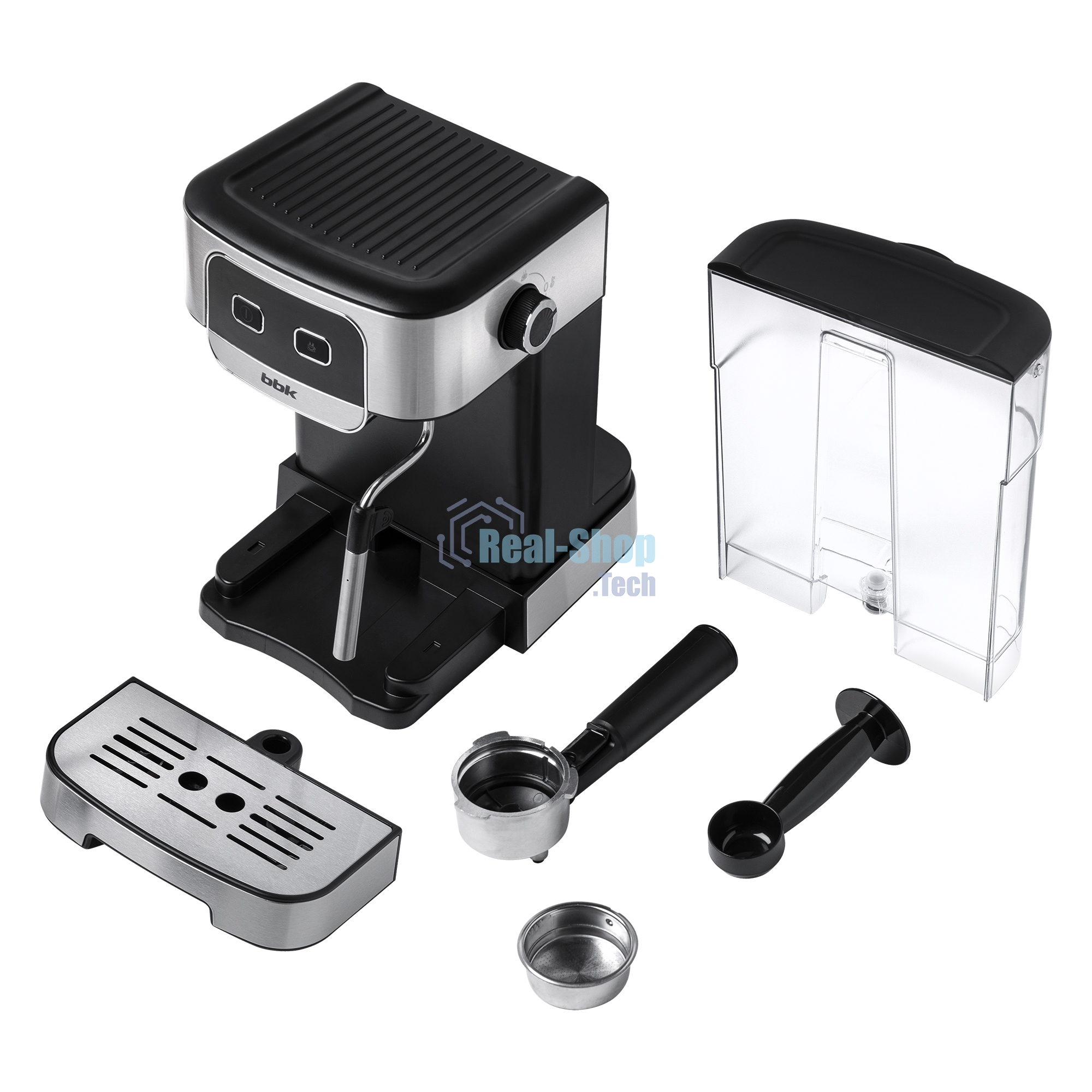 Кофеварка рожковая BBK BCM1500 черный/нержавеющая сталь, исп. кофе - молотый, 1.8 л, 1200 Вт, 20 бар