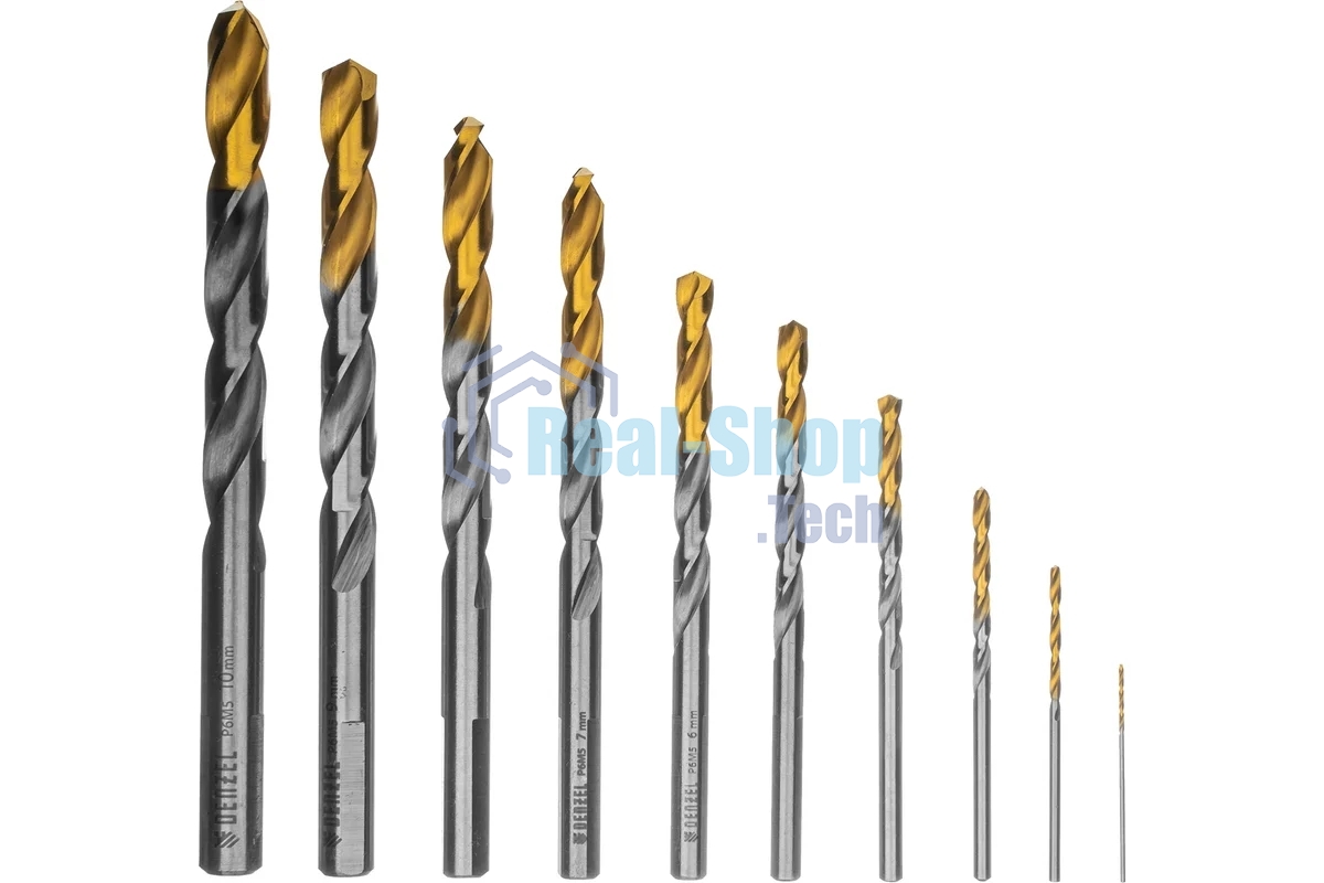 Набор сверл по металлу Denzel 1-10 мм, Р6М5-TiN, Golden Tip, 10 шт 723001