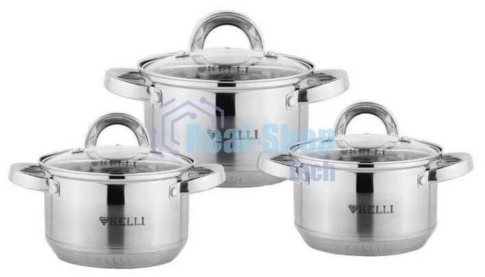 Набор посуды из нержавеющей стали со стеклянными крышками Kelli KL-4246 6 пред. 16 см -2,1; 18- см-2,9; 20 см-3,9 литра. 7-ми слойное капсульное дно. Индукция