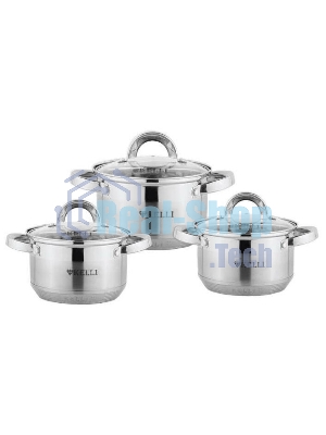 Набор посуды из нержавеющей стали со стеклянными крышками Kelli KL-4246 6 пред. 16 см -2,1; 18- см-2,9; 20 см-3,9 литра. 7-ми слойное капсульное дно. Индукция