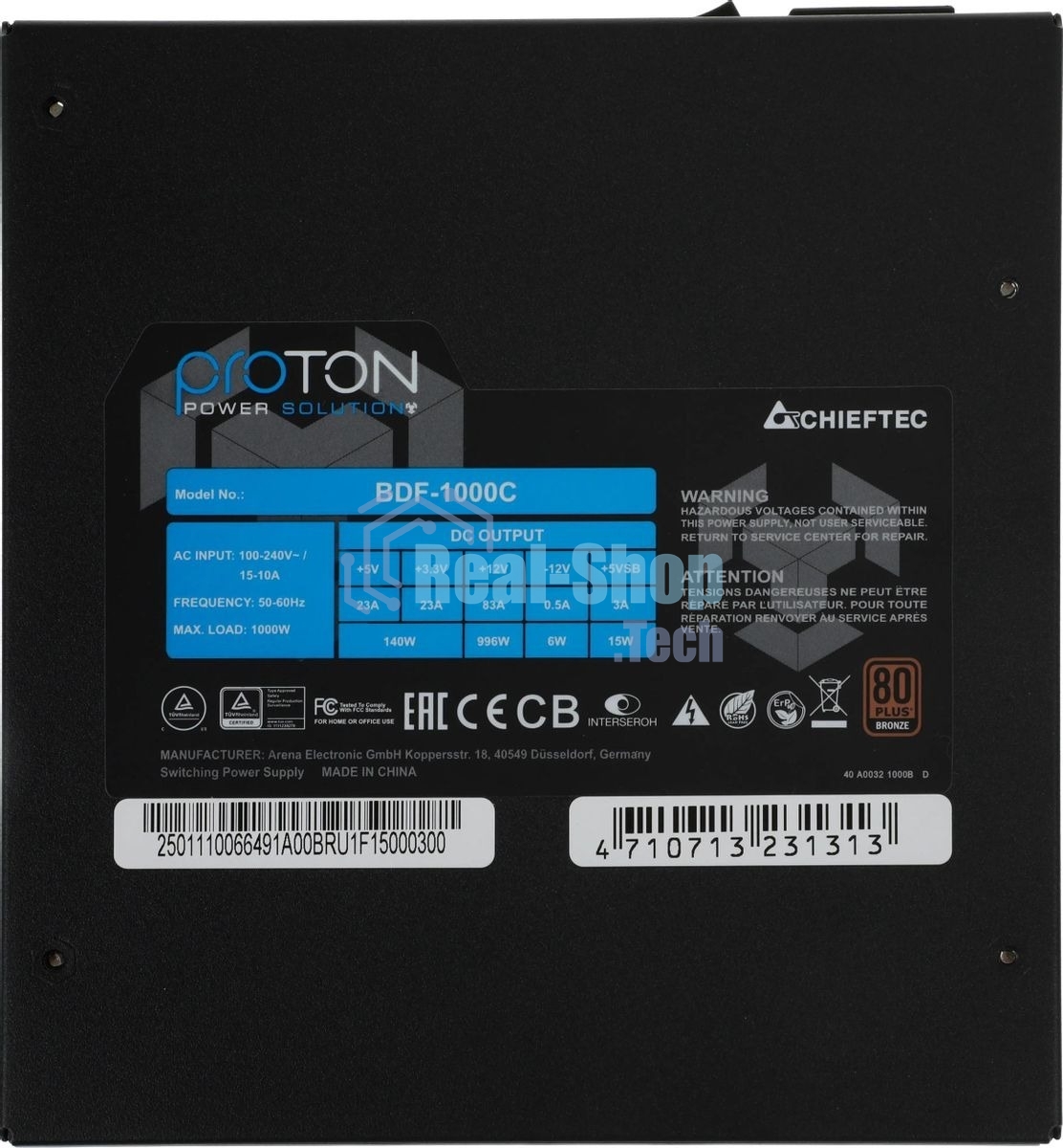 Блок питания Chieftec BDF-1000C, 1000Вт, 80 PLUS Bronze, 140мм, модульный, черный
