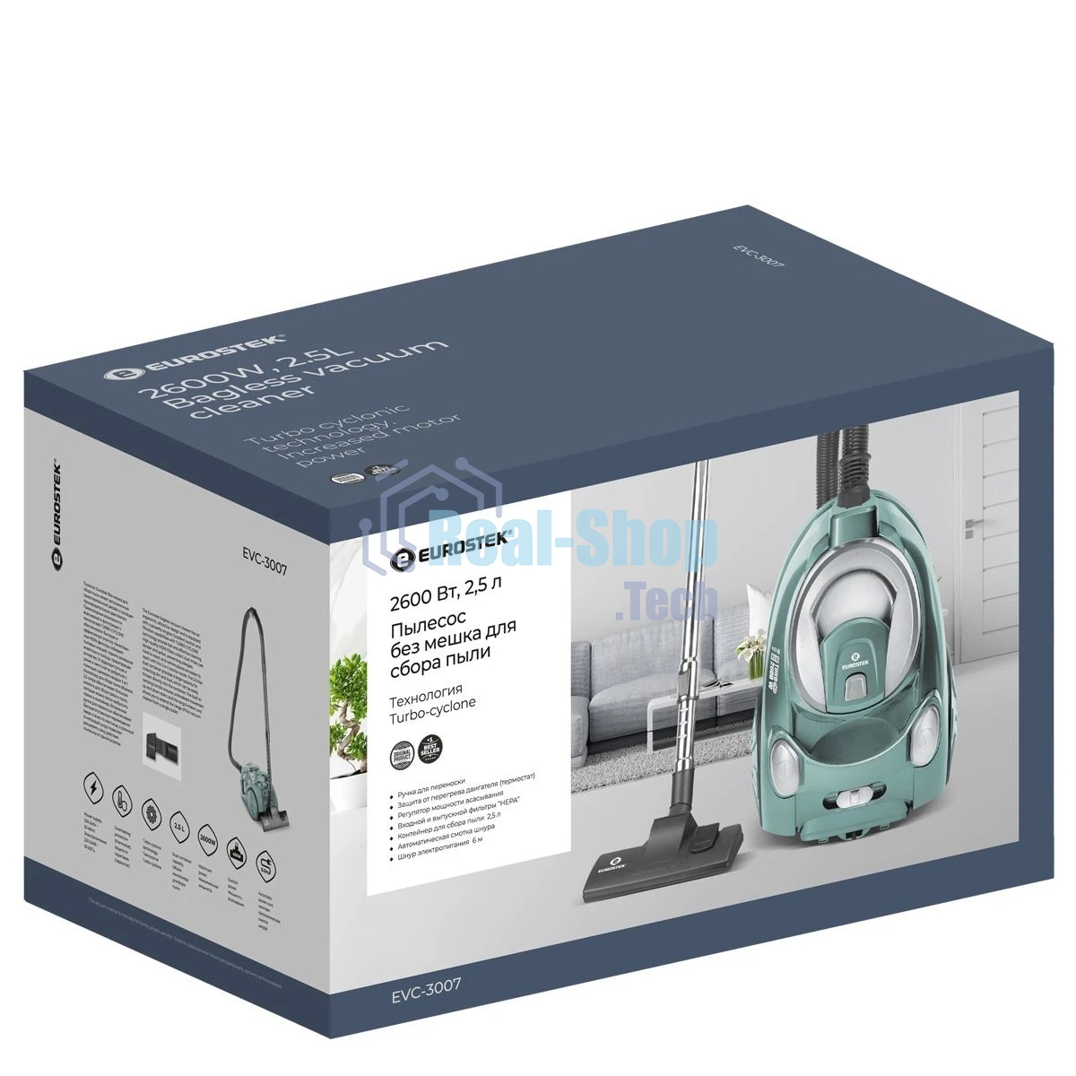 Пылесос Eurostek EVC-3007 изумрудный, 400/2600 Вт, уборка сухая, пылесборник контейнер 2.5 л