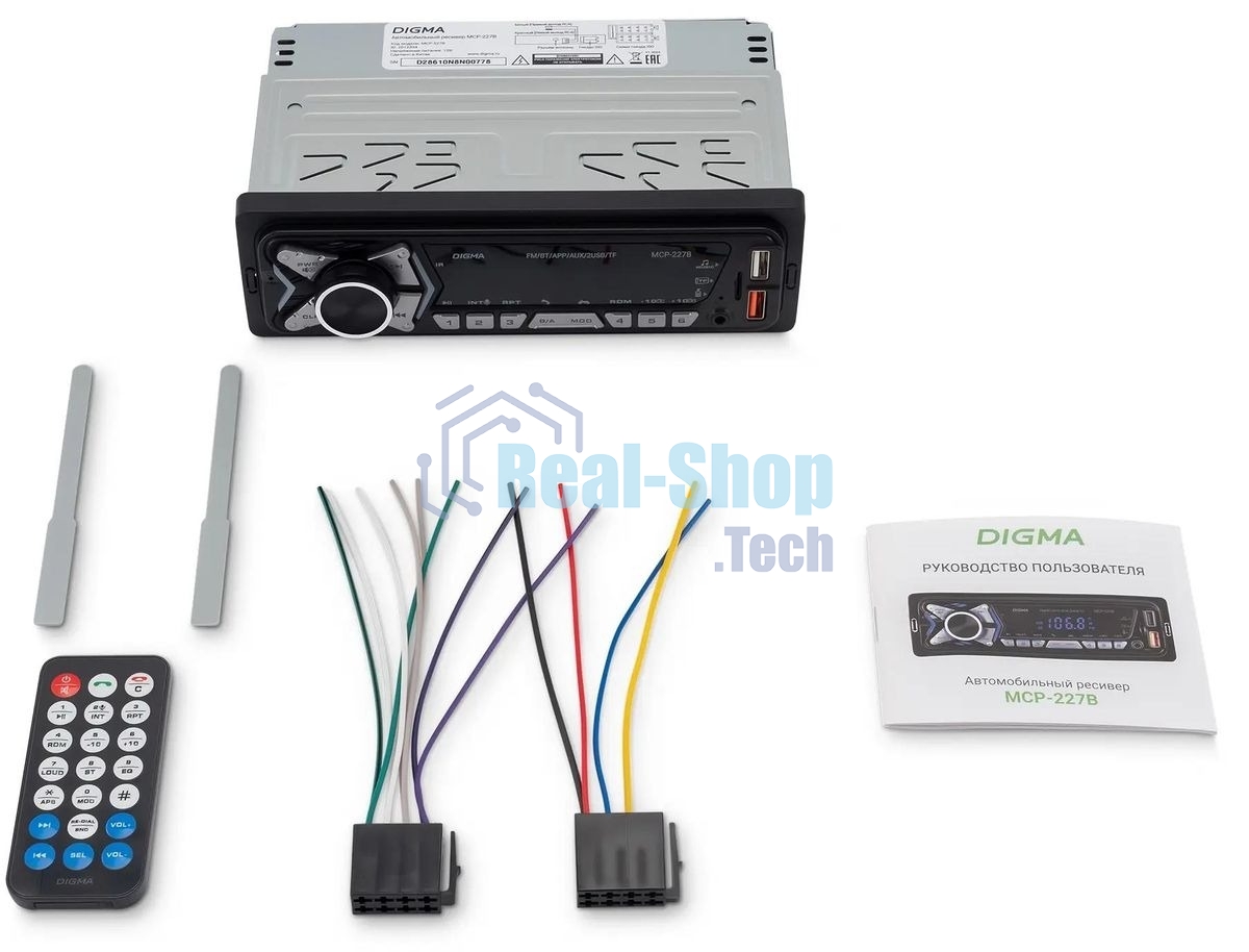 Автомагнитола Digma MCP-227B, 1 DIN, Bluetooth, USB Type-A, AUX, пульт ДУ