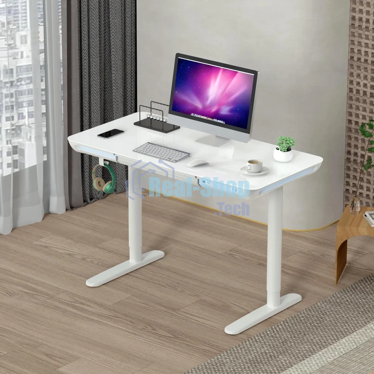 Стол компьютерный Cactus CS-EGD-WT-LED столешница закаленное стекло, белый каркас белый