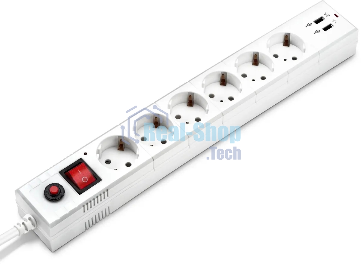 Удлинитель с сетевым фильтром 6х5 м с заземл. 10А IP20 BU-SP5 USB 2A-W CCA белый BURO 992316