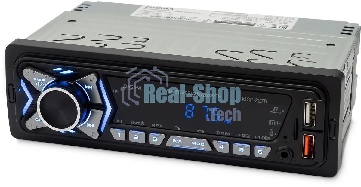 Автомагнитола Digma MCP-227B, 1 DIN, Bluetooth, USB Type-A, AUX, пульт ДУ
