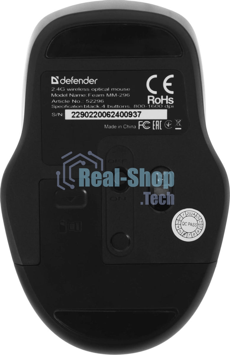 Мышь беспроводная Defender Feam MM-296 черный, 1600 dpi, радиоканал, USB, кнопки - 4