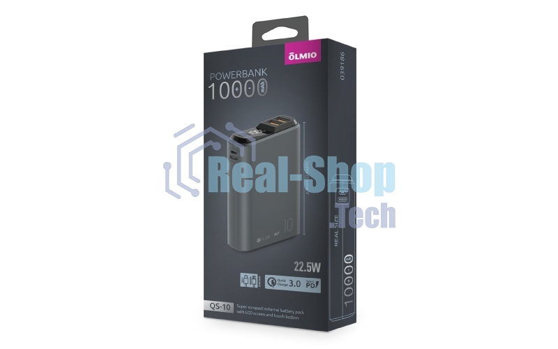 Портативный аккумулятор OLMIO QS-10, 10000mAh, 22.5W QuickCharge3.0/PowerDelivery, LCD, темно-серый