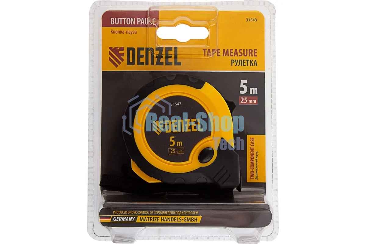 Рулетка Denzel 5м х 25мм, двухкомп. корпус, кнопка-пауза