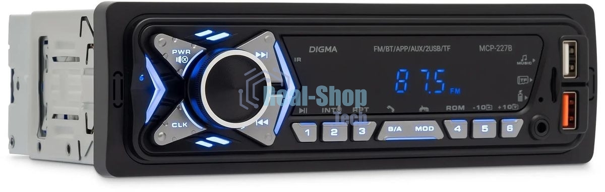 Автомагнитола Digma MCP-227B, 1 DIN, Bluetooth, USB Type-A, AUX, пульт ДУ