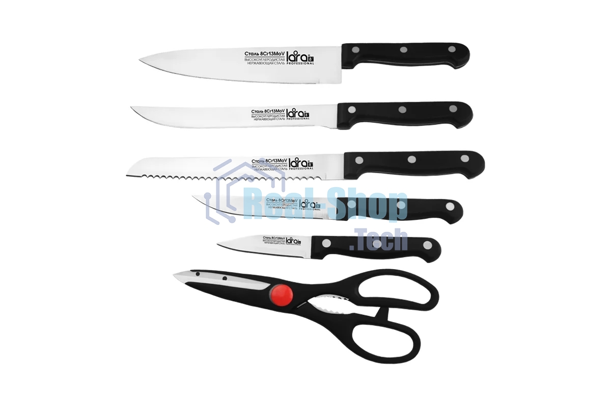 Набор ножей LARA LR05-53 7 предметов: ДЕРЕВЯННАЯ ПОДСТАВКА + 5 ножей + ножницы, нержавеющая сталь 2CR13