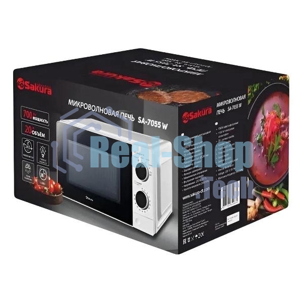 Микроволновая печь Sakura SA-7055W белый, 20 л, 700 Вт, переключатели - поворотный механизм