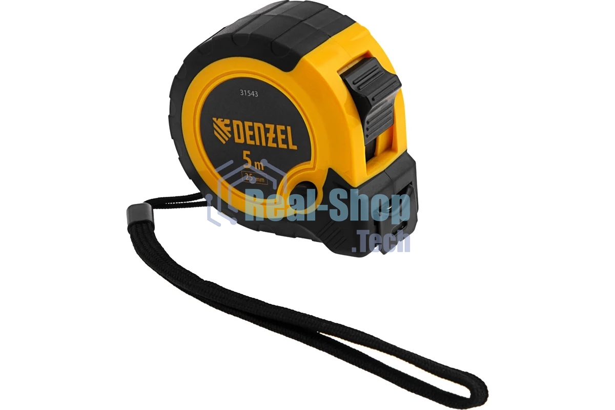 Рулетка Denzel 5м х 25мм, двухкомп. корпус, кнопка-пауза