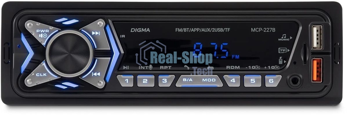 Автомагнитола Digma MCP-227B, 1 DIN, Bluetooth, USB Type-A, AUX, пульт ДУ