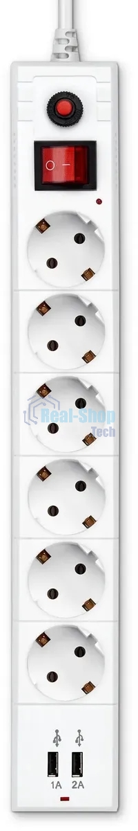 Удлинитель с сетевым фильтром 6х5 м с заземл. 10А IP20 BU-SP5 USB 2A-W CCA белый BURO 992316