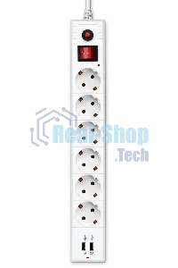 Удлинитель с сетевым фильтром 6х5 м с заземл. 10А IP20 BU-SP5 USB 2A-W CCA белый BURO 992316