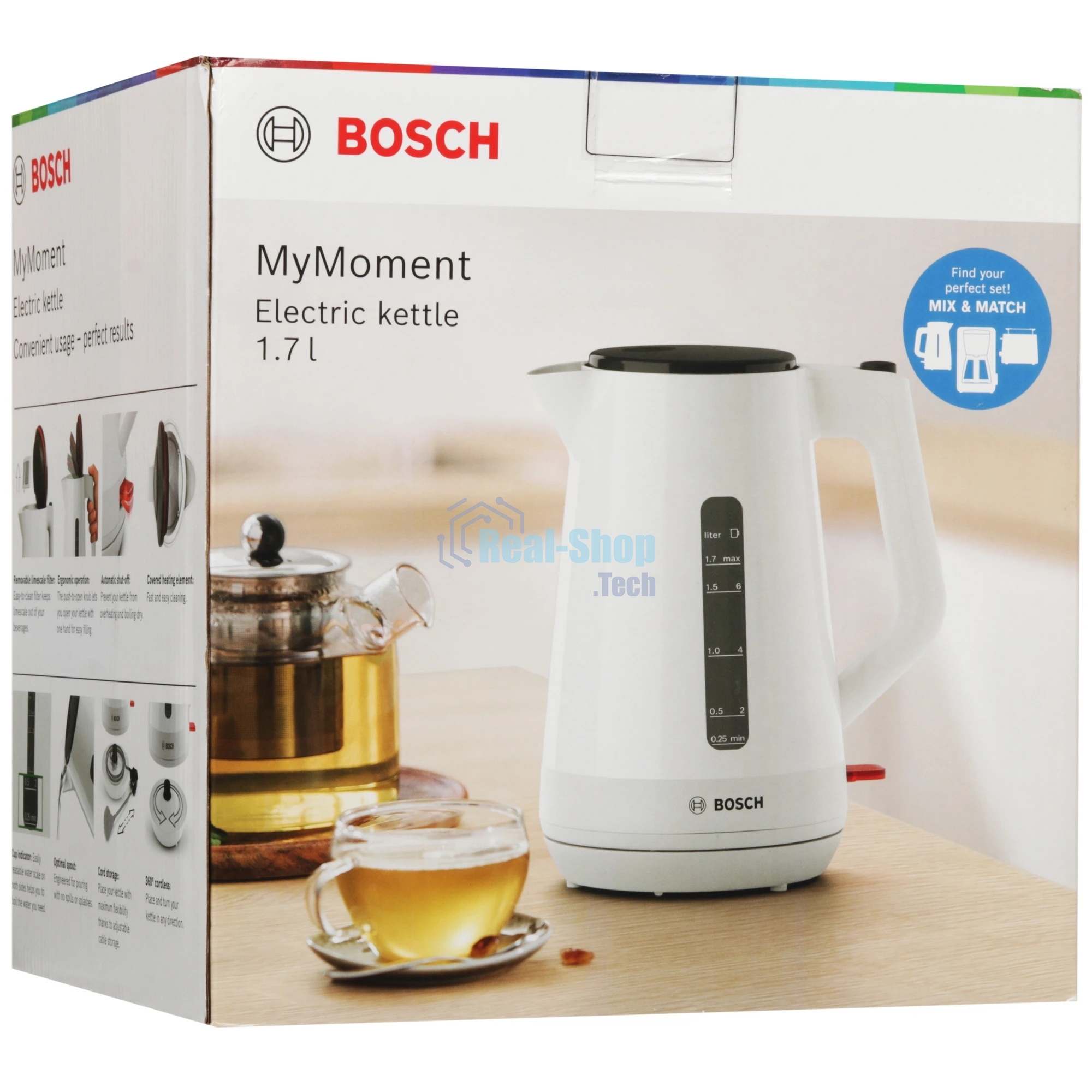 Электрочайник Bosch TWK1M121 белый, 1.7 л, 2400 Вт, скрытый нагревательный элемент
