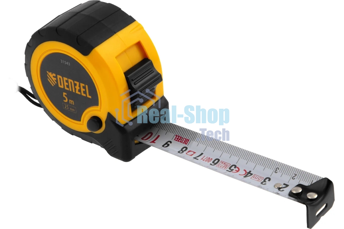 Рулетка Denzel 5м х 25мм, двухкомп. корпус, кнопка-пауза