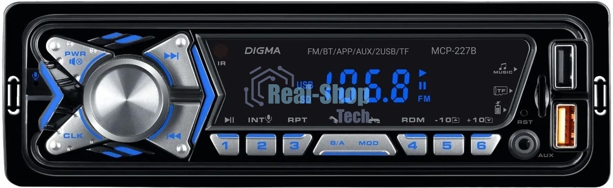 Автомагнитола Digma MCP-227B, 1 DIN, Bluetooth, USB Type-A, AUX, пульт ДУ
