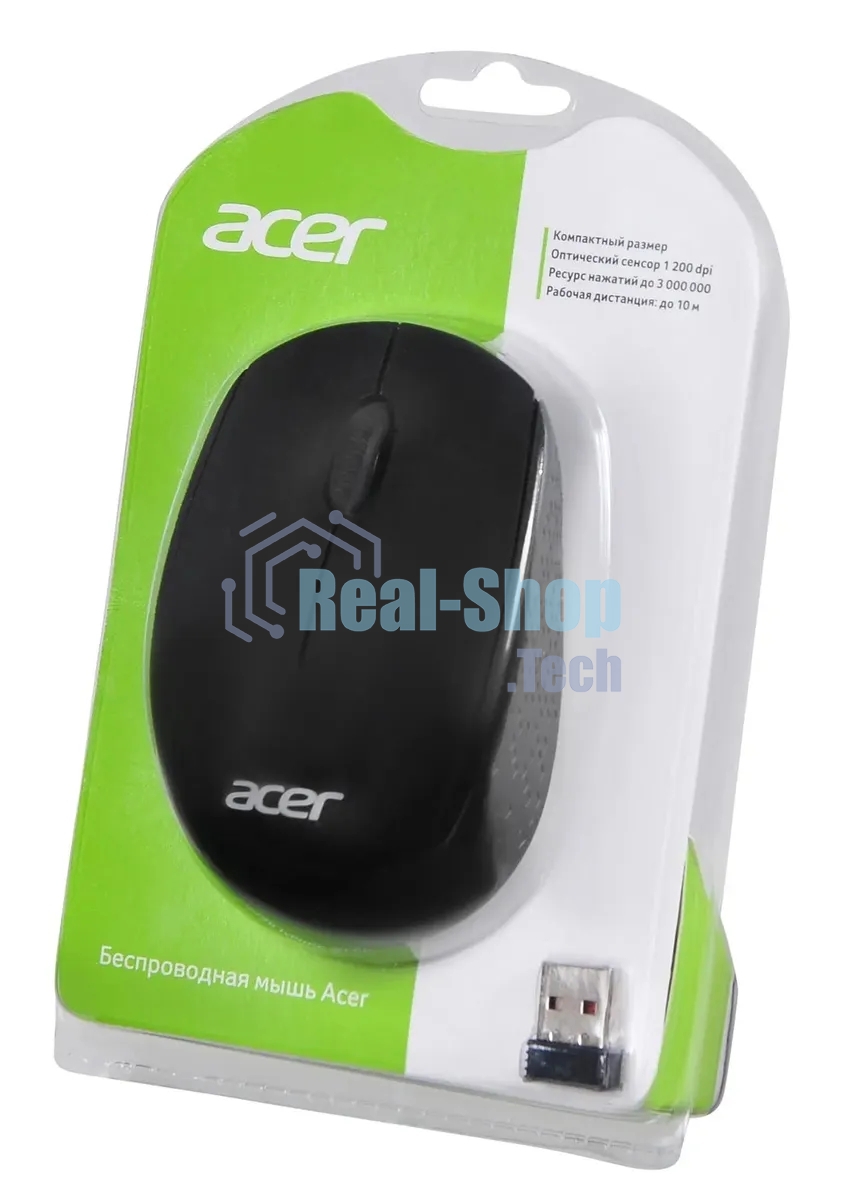 Мышь беспроводная Acer OMR020 черный, 1200 dpi, радиоканал, USB, кнопки - 3
