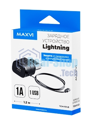 Сетевое зарядное устройство Maxvi TCM-101LB 1A, Lightning, 1xUSB-A, черный