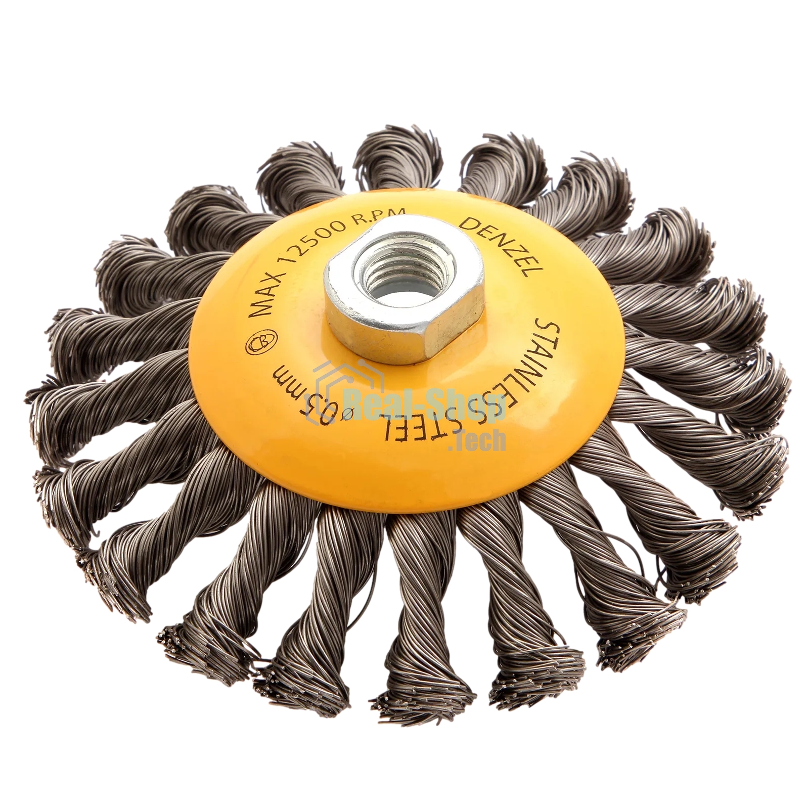 Щетка для УШМ Denzel 125 мм, М14, тарелка, крученая нержавеющая проволока 0,5 мм