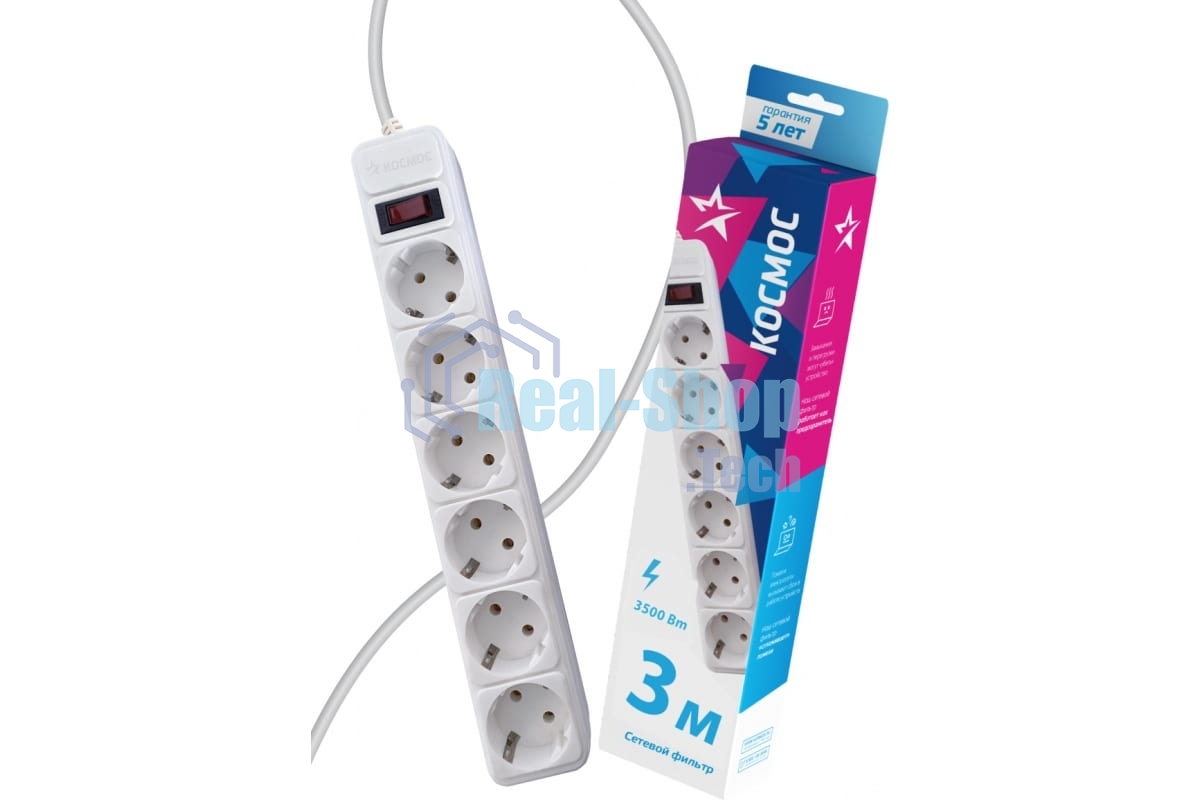 Удлинитель с сетевым фильтром Космос 6х3 м с заземл. 16А IP20 3.5 кВт с предохранителем 3х1 индикатор сети бел.