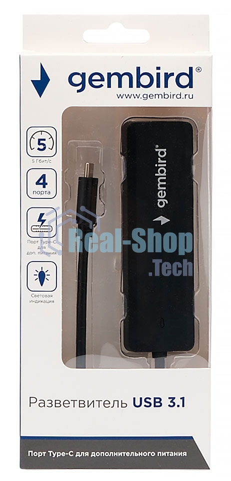 USB-концентратор USB 3.0 Gembird UHB-C424, 4 порта, кабель Type-C 19см, с доп питанием (Type-C)