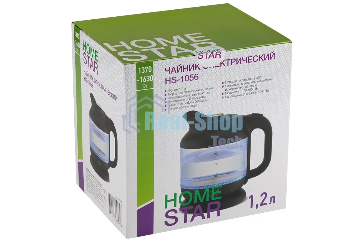 Чайник электрический HOMESTAR HS-1056 1,2 л, 1630 Вт, стекло/пластик, черный