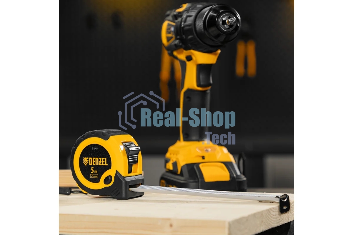 Рулетка Denzel 5м х 25мм, двухкомп. корпус, кнопка-пауза