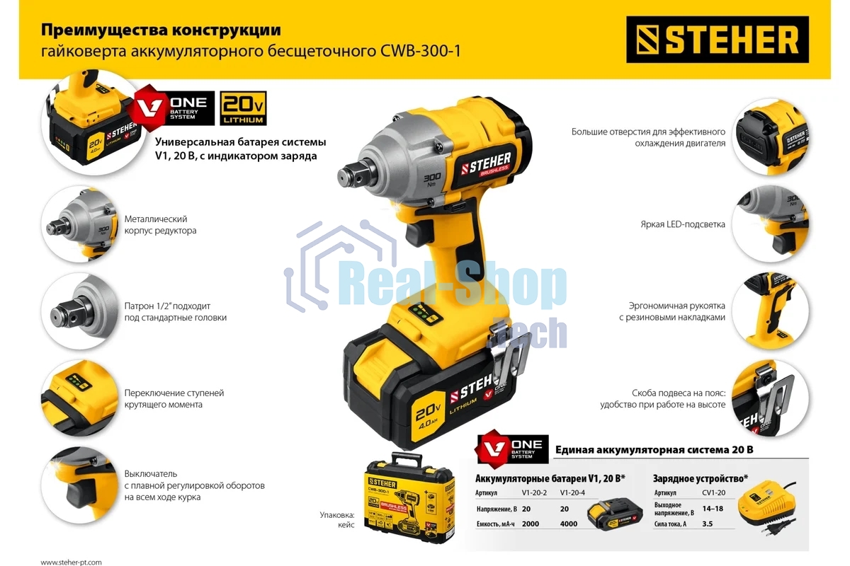 Гайковерт STEHER 20В бесщеточный, 1 АКБ (4А·ч), в кейсе. CWB-300-1