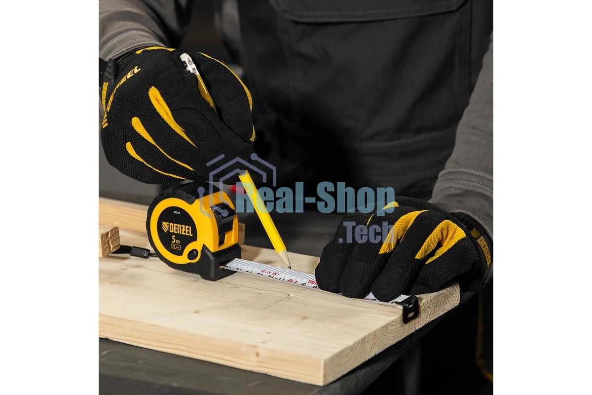 Рулетка Denzel 5м х 25мм, двухкомп. корпус, кнопка-пауза