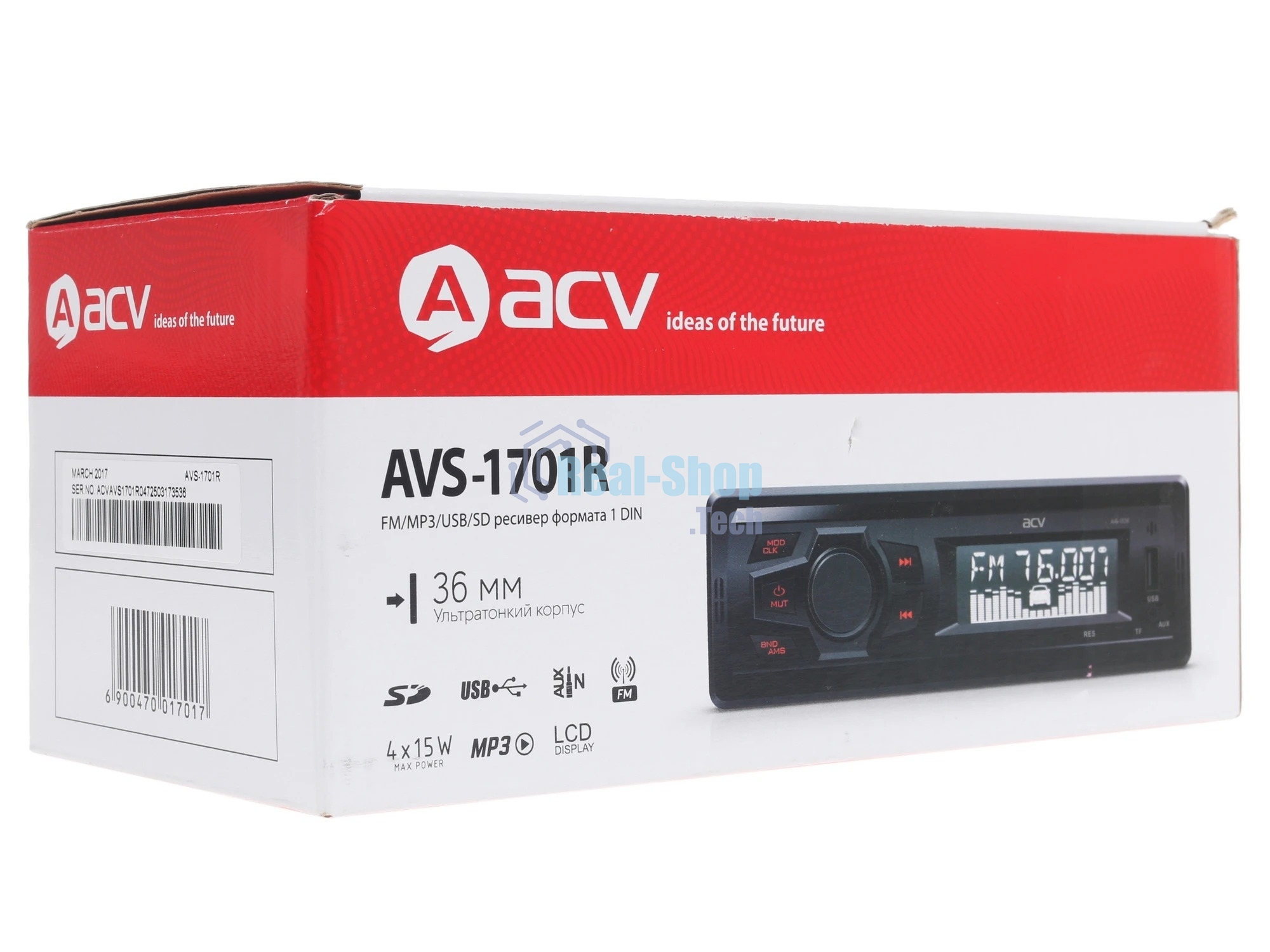 Автомагнитола ACV AVS-1701R, 1 DIN, USB Type-A, AUX