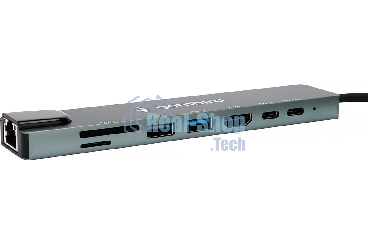 Док-станция Gembird UHB-D3, USB Type-C, USB 2.0, USB 3.1, USB Type-C PD87W, USB Type-C, HDMI, SD/TF, RJ45, USB Type-C