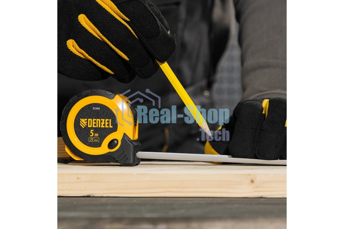 Рулетка Denzel 5м х 25мм, двухкомп. корпус, кнопка-пауза