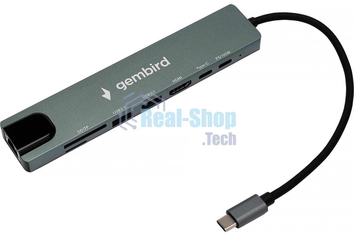 Док-станция Gembird UHB-D3, USB Type-C, USB 2.0, USB 3.1, USB Type-C PD87W, USB Type-C, HDMI, SD/TF, RJ45, USB Type-C