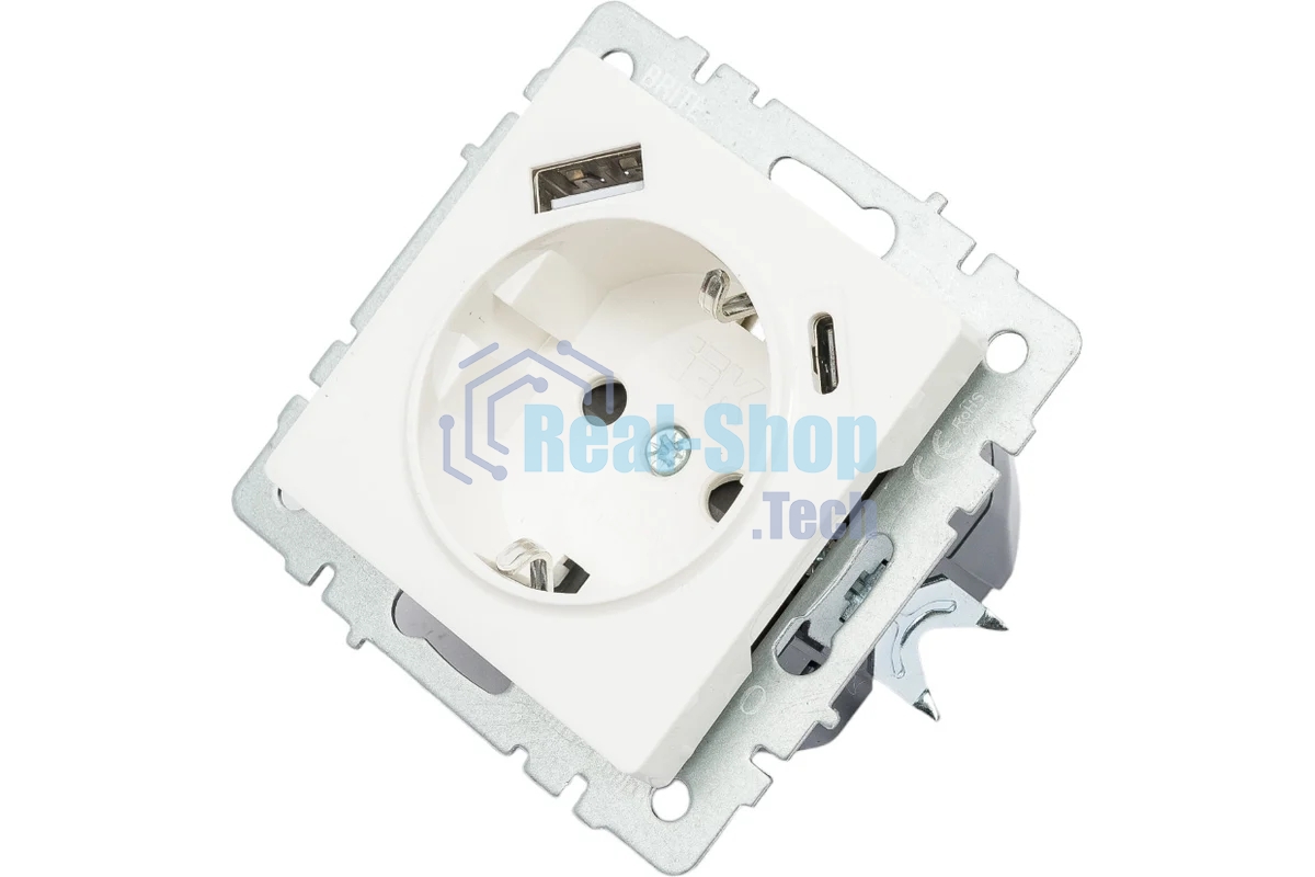 Розетка 1-местная IEK BRITE РЮш11-1-БрБ (BR-R14-16-U22-018-K01) с заземлением, с защитными шторками, 16А, с USB A+C 18 Вт, белый