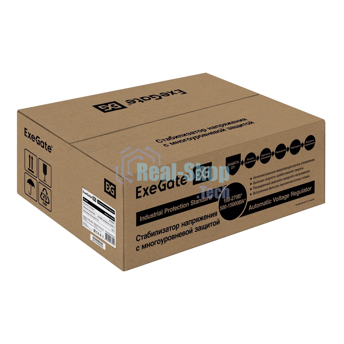Стабилизатор напряжения настенный ExeGate Master AV-20000 (20000ВА, вход 140-260В, цветной дисплей, выход 220В±8%, КПД 98%, 5 уровней защиты, задержка, усиленный метал.корпус, 1*Schuko+клем.колодка, RTL)