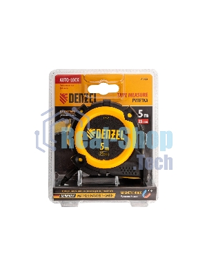 Рулетка Denzel 5м х 25мм, автоматич. фиксац., нейлон. покрытие, магнит. зацеп, двухстор. разметка
