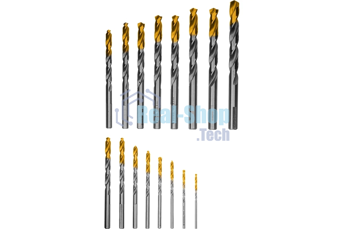 Набор сверл по металлу Denzel 1-10 мм, Р6М5-TiN, Golden Tip, 19 шт 723003