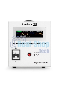 Стабилизатор напряжения ExeGate Expert AS-20000 (20000ВА, вход 140-260В, цветной дисплей, выход 220В±8%, КПД 98%, 5 уровней защиты, задержка, усиленный метал. корпус, клем.колодка, RTL)