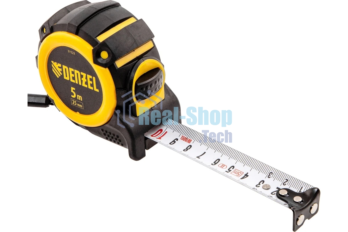 Рулетка Denzel 5м х 25мм, автоматич. фиксац., нейлон. покрытие, магнит. зацеп, двухстор. разметка
