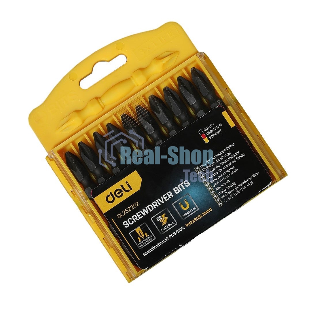 Набор двухсторонних торсионных бит для ударных шуруповертов 10 шт Deli DL252202 PH2x65мм, сталь S2, пласт.кейс