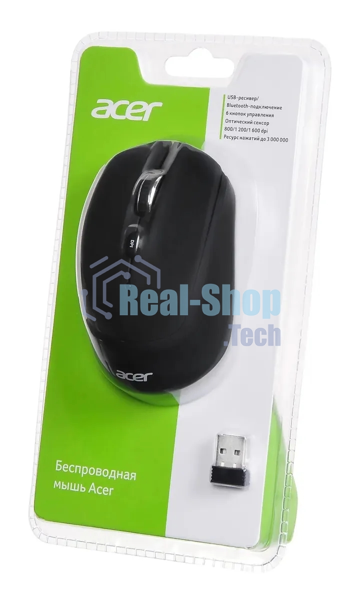 Мышь беспроводная Acer OMR050 черный, 1600 dpi, радиоканал, Bluetooth, USB, кнопки - 6