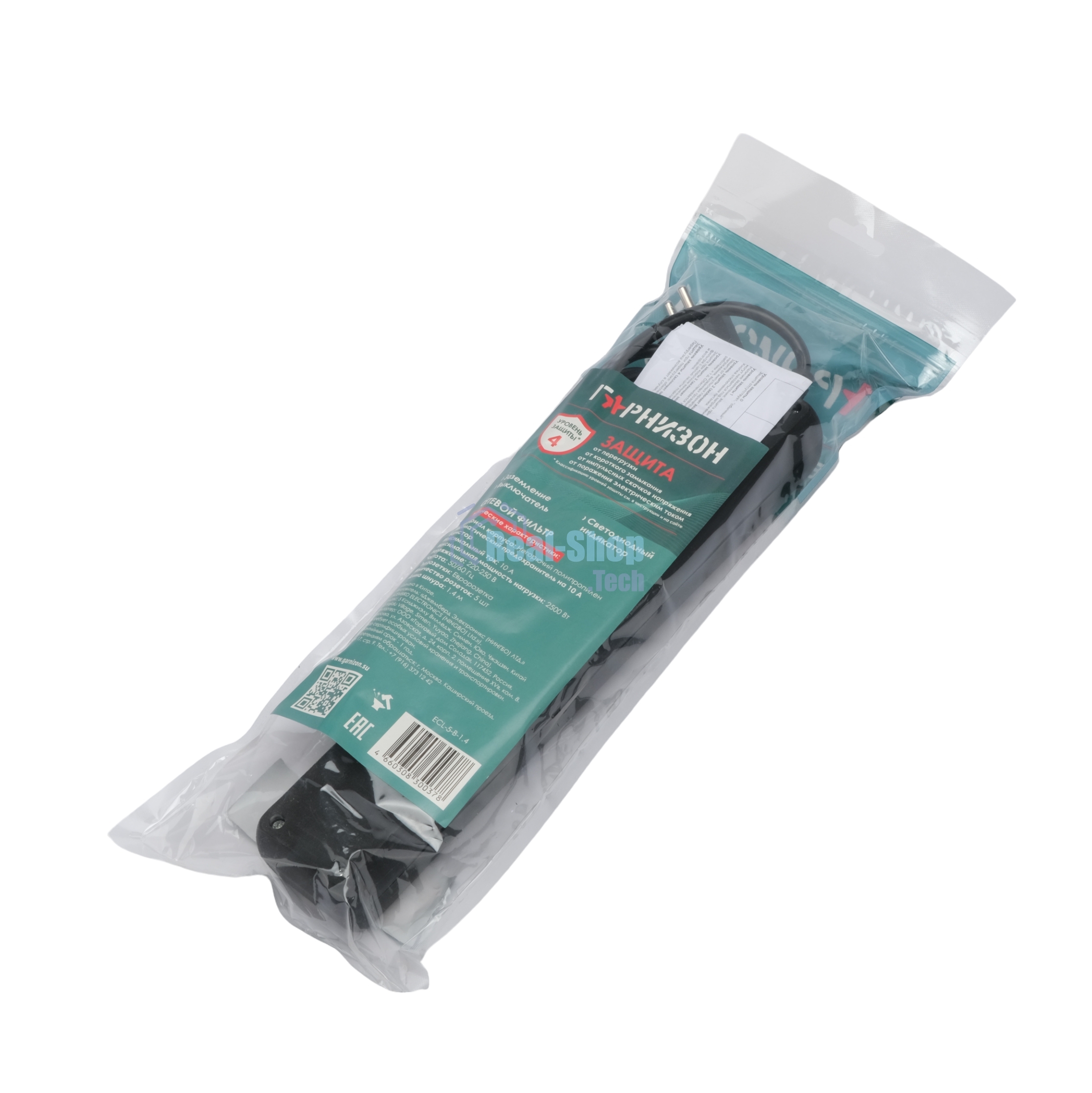 Сетевой фильтр Гарнизон ECL-5-B-1.4, 5 р, 10А, 1.4 м, ур.защиты 4, черный, пакет