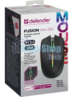Мышь беспроводная Defender Fusion MM-283 черный, 3200 dpi, радиоканал, Bluetooth, USB, кнопки - 4