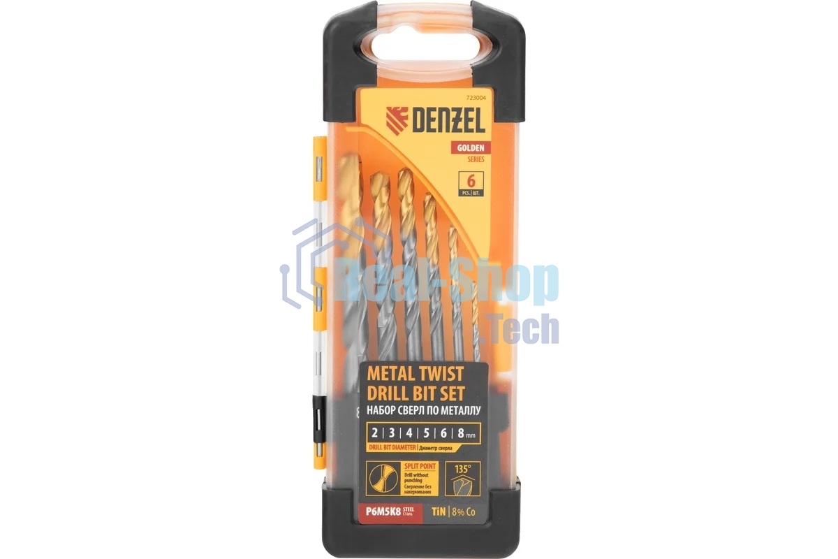 Набор сверл по металлу Denzel 2-8мм, Р6М5К8-TiN, Golden Tip, 6 шт 723004