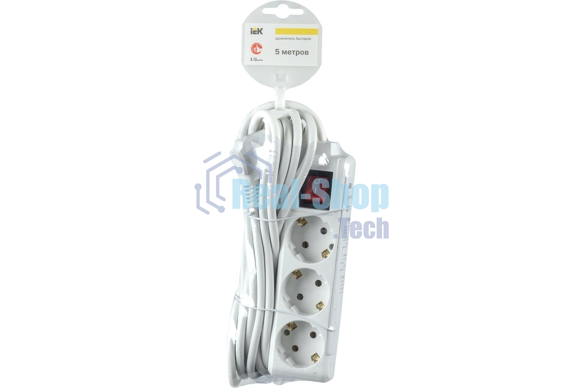 Сетевой удлинитель IEK У03К, выкл. 3 места, 2 Р + P Е/5 метров, 3х1 мм2, 16А/250, белый