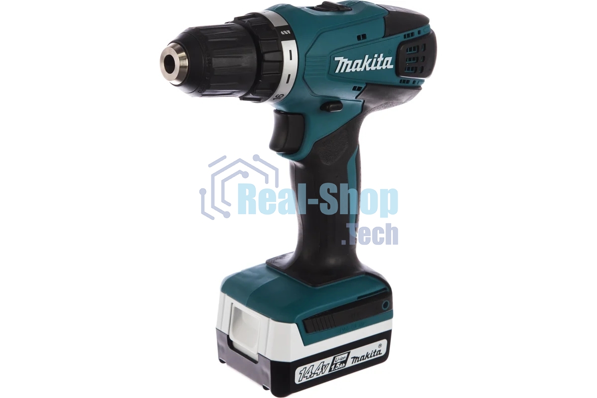 Дрель-шуруповерт Makita DF347DWE Дрель ак, 14.4В,2х1.5Ач Li-ion,БЗП-10мм,0-400\0-1400об\м,30\15Нм,1.4кг,чем,G-серия