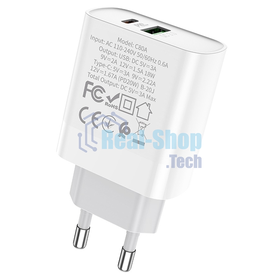 Сетевое зарядное устройство HOCO C80A Rapido 1xUSB + 1xUSB-C, 3.1A, 20W, белый